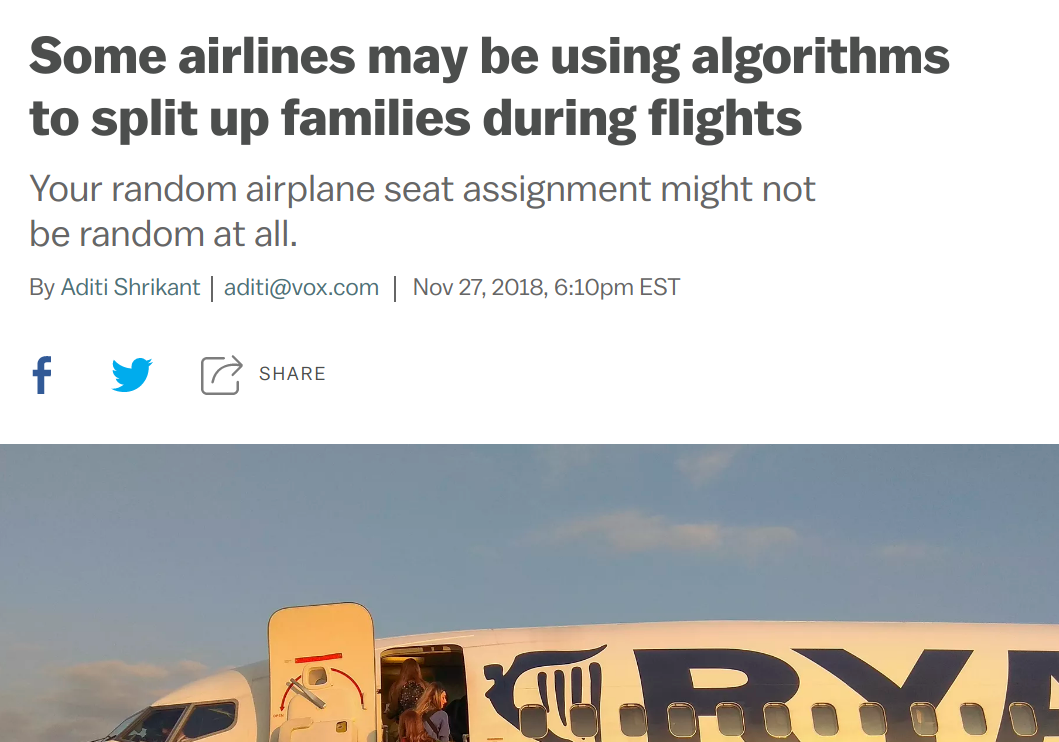 News headline about airlines splitting up passengers seating