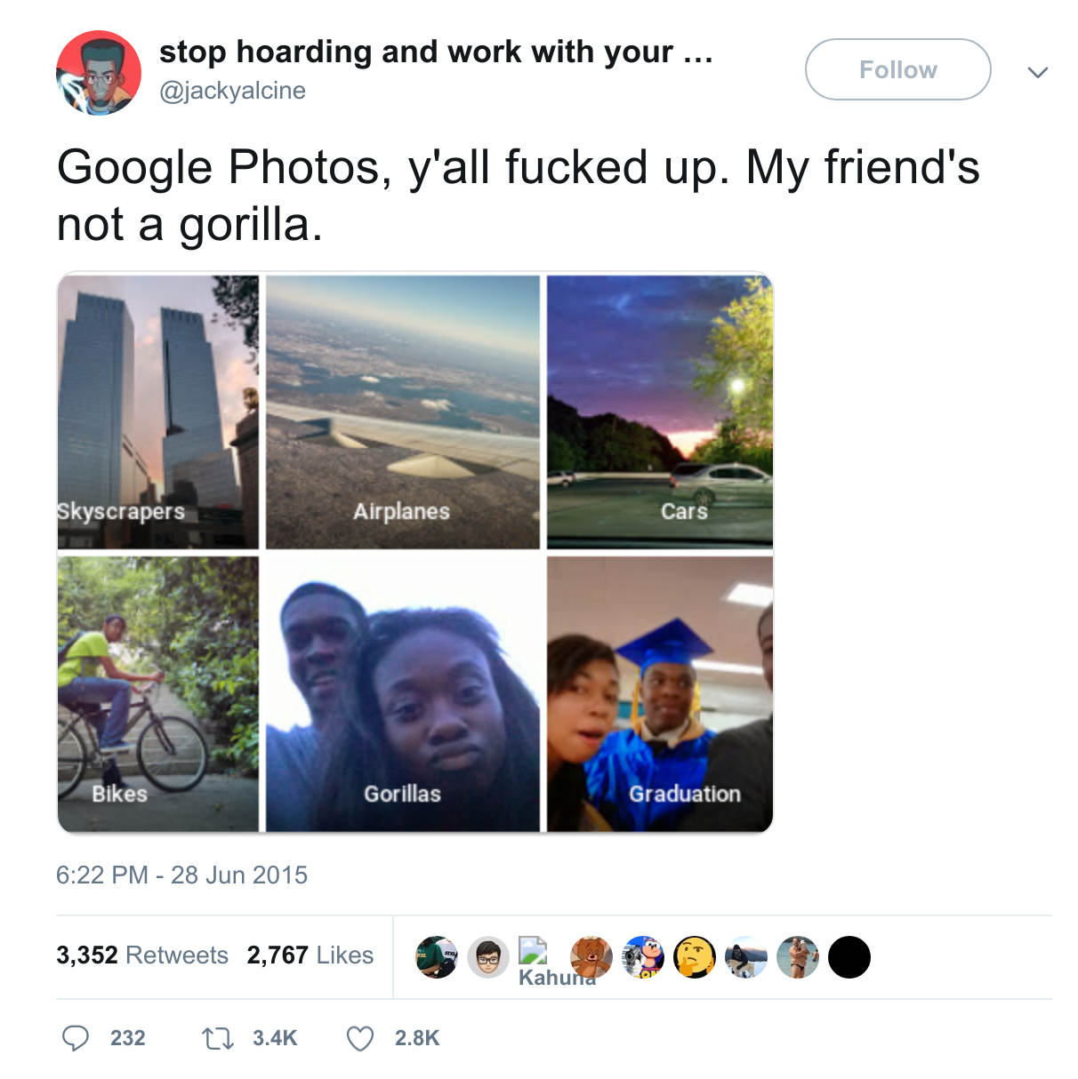 Twitter post of user complaining about misclassification of friends as Gorilla