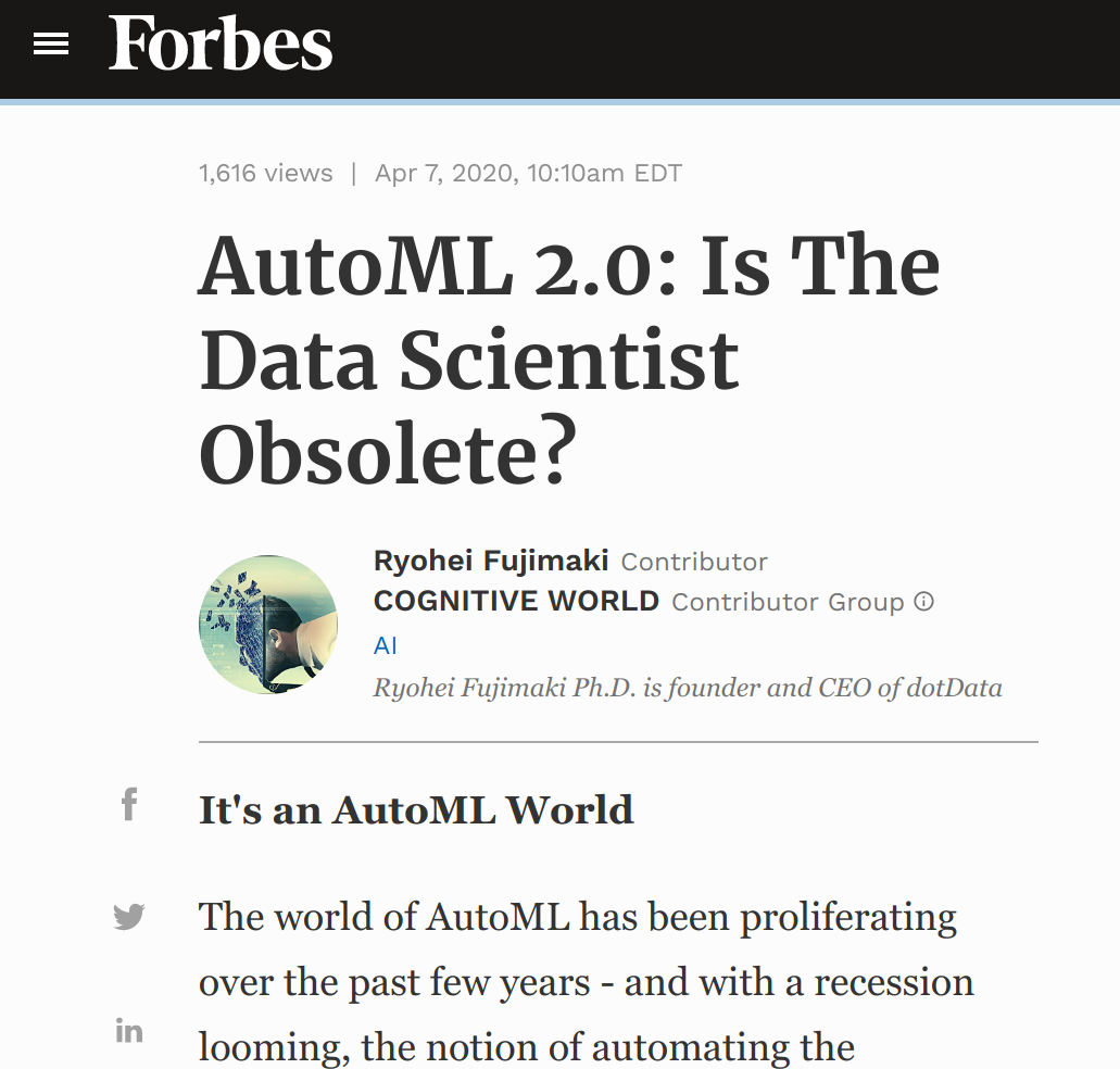 Forbes Article: AutoML 2.0: Is The Data Scientist Obsolete?