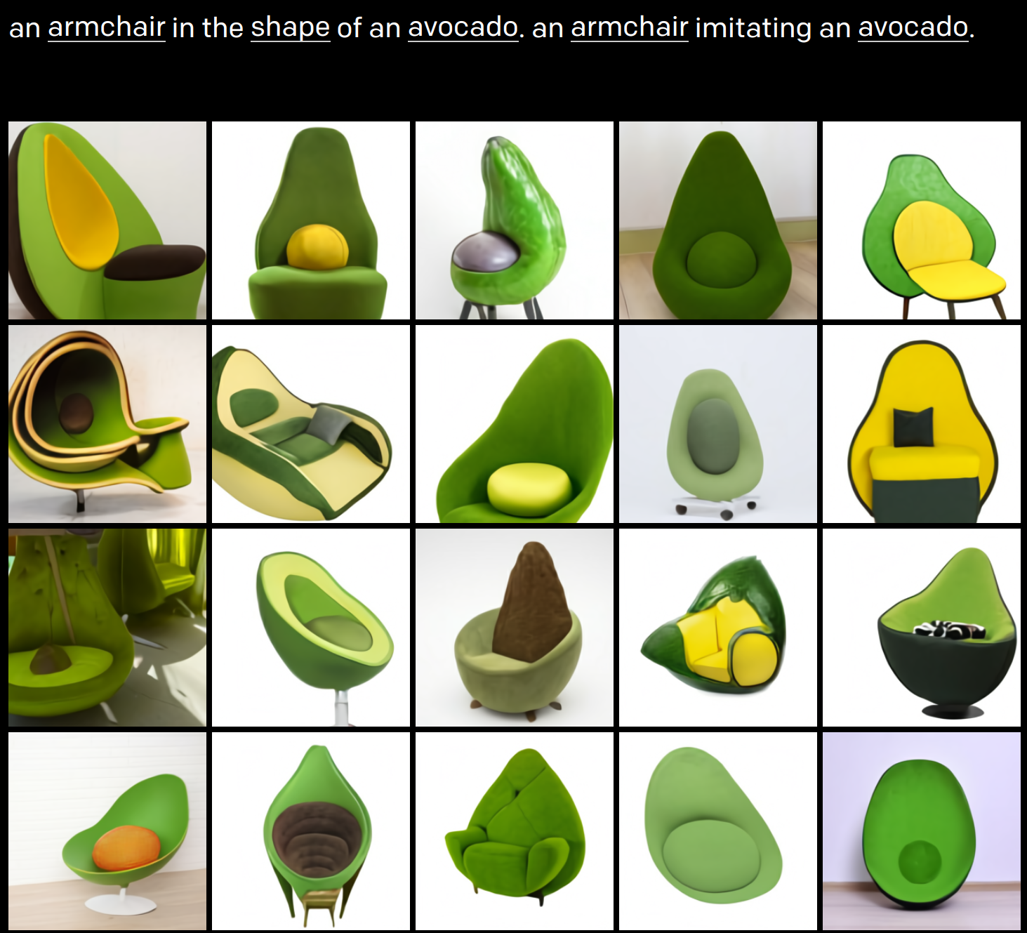 Dall-e generated example of chairs in the form of an avocado