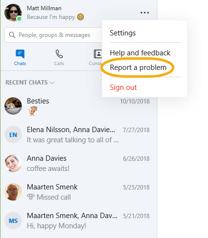 Skype report problem button