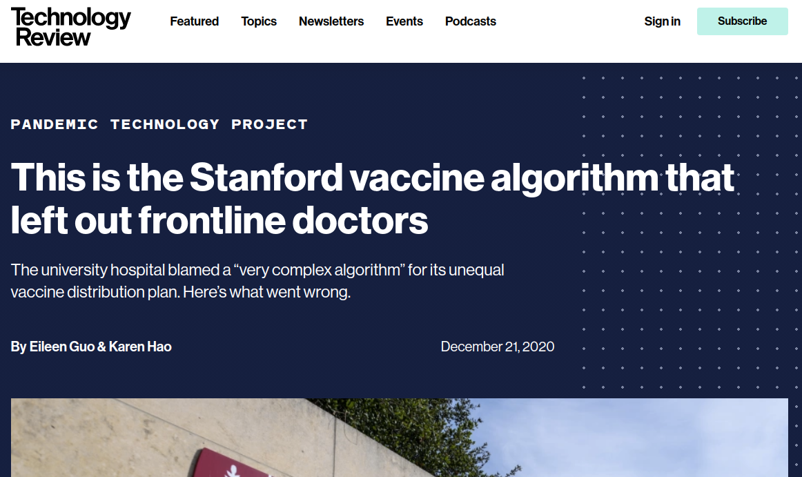 News headline: Stanford algorithm for vaccine priority controversy