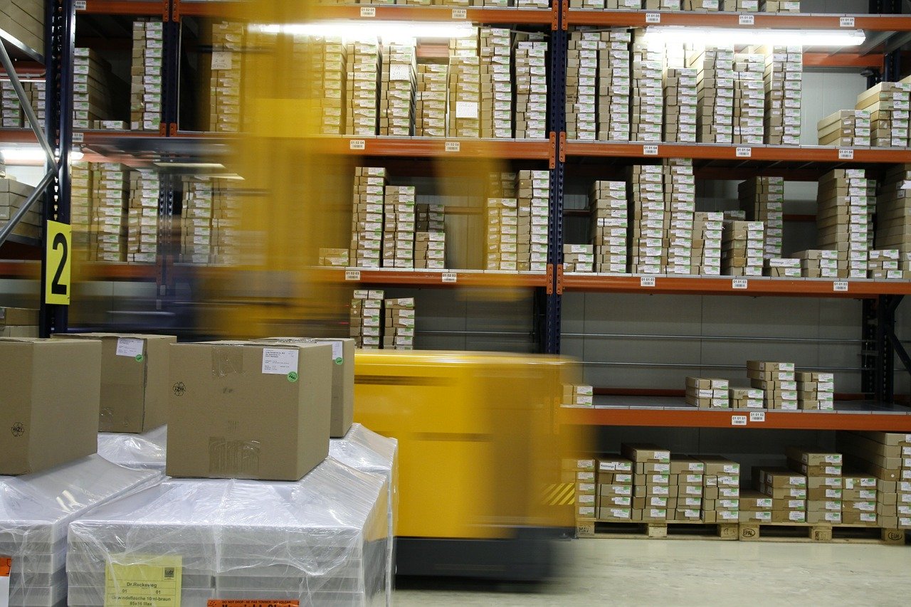 Shelves in a warehouse