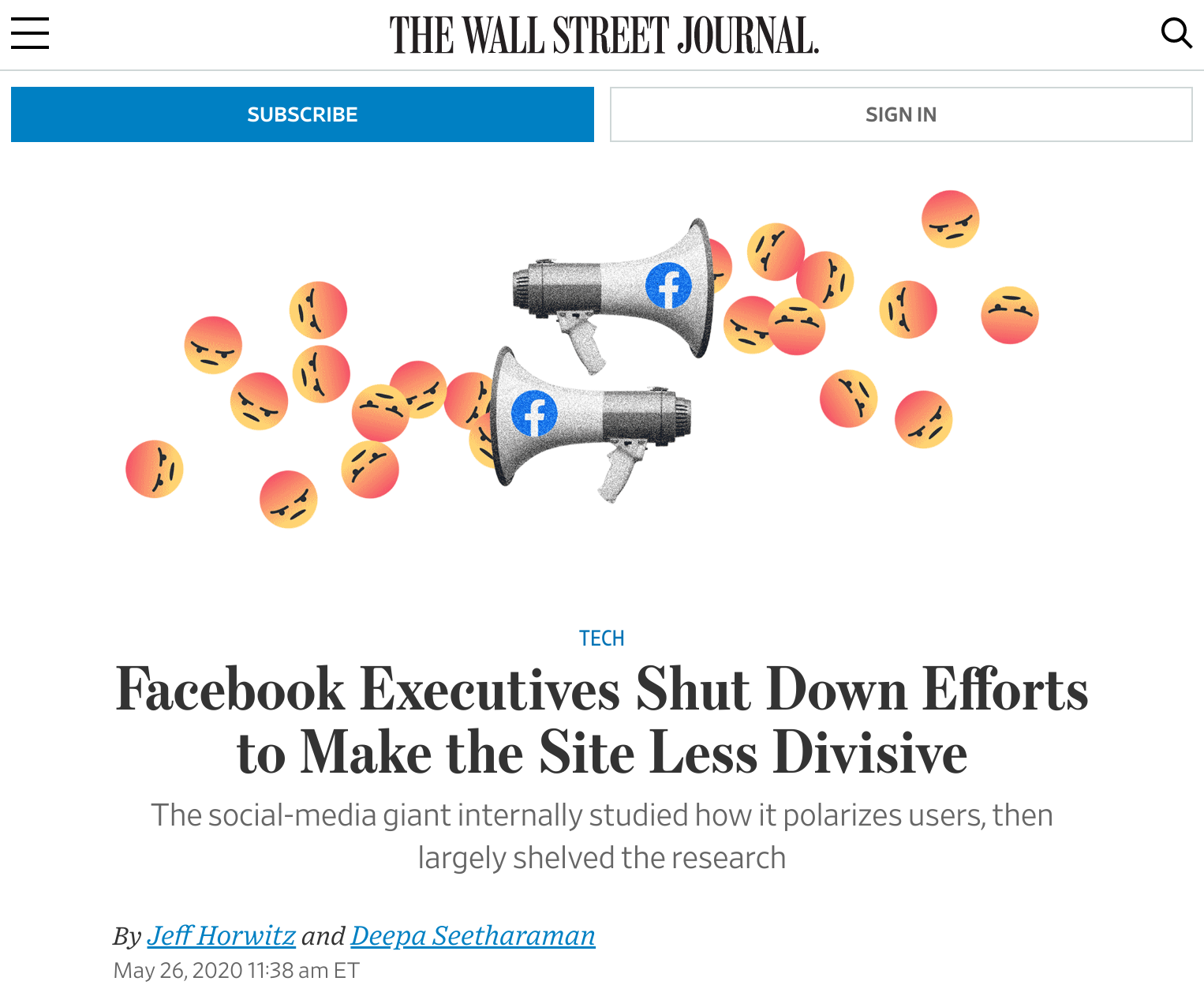 Article: Facebook Executives Shut Down Efforts to Make the Site Less Divisive